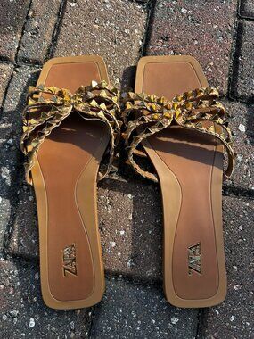 Zara Studded Sandals Braided Flats Size 38